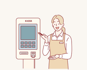 Store Clerk Assisting at Self-Service Kiosk. Hand drawn style vector design illustrations.