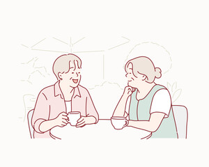 Senior Woman and Friend Talking at a Cafe. Hand drawn style vector design illustrations.
