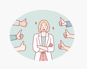People Cheering with Thumbs Up Gesture. Hand drawn style vector design illustrations.