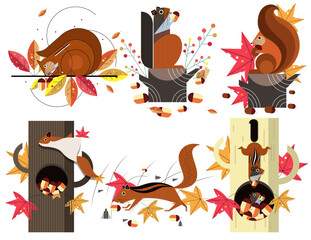 Squirrel Big set isolated animals. Vector collection funny animals. Cute animals: forest, farm, domestic, polar in cartoon style. Giraffe, elephant, crab, rabbit, fox 