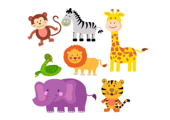 Safari_Animals Big set isolated animals. Vector collection funny animals. Cute animals: forest, farm, domestic, polar in cartoon style. Giraffe, elephant, crab, rabbit, fox 