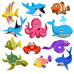 Sea animal Big set isolated animals. Vector collection funny animals. Cute animals: forest, farm, domestic, polar in cartoon style. Giraffe, elephant, crab, rabbit, fox 