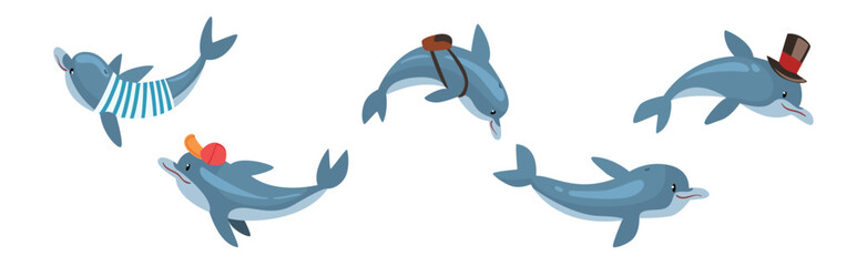 Funny Blue Dolphin Character in Different Pose Vector Set