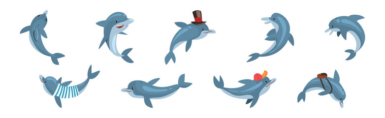 Funny Blue Dolphin Character in Different Pose Vector Set