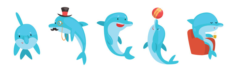 Funny Blue Dolphin Character in Different Pose Vector Set