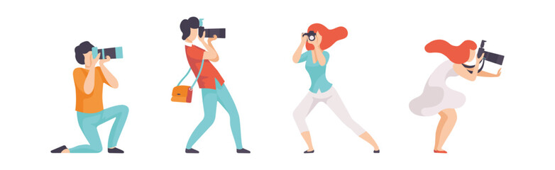 Man and Woman Photographer Character Taking Photos Using Professional Equipment Vector Set