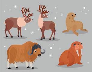 Animal Winter Big set isolated animals. Vector collection funny animals. Cute animals: forest, farm, domestic, polar in cartoon style. Giraffe, elephant, crab, rabbit, fox 