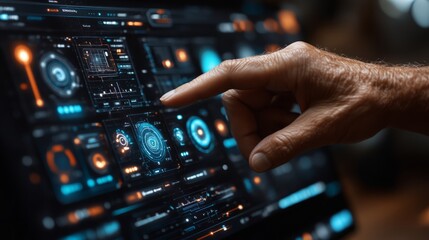 Interactive Interface: A close-up shot of a person's finger interacting with a futuristic, high-tech user interface. The interface glows with data displays and digital readouts.