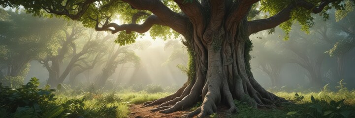 Ancient tree trunk engulfed by lush exotic vines and leaves , lush, detail, dense