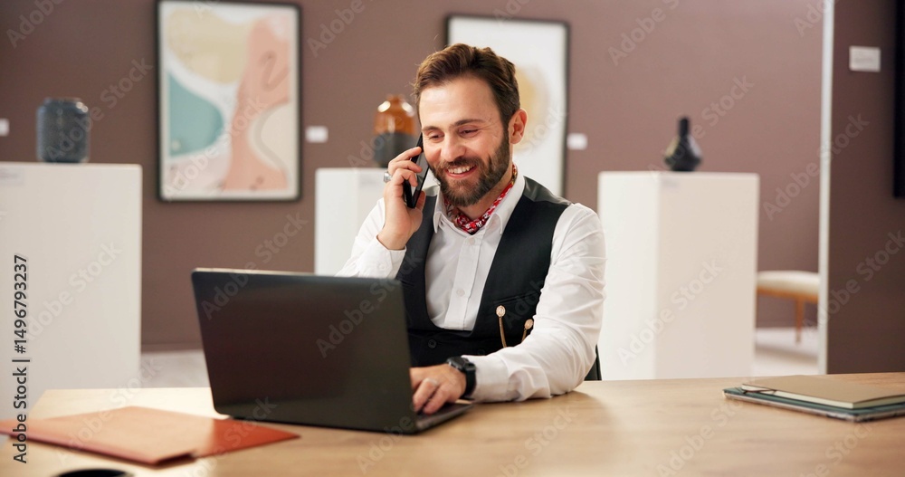 Poster art, laptop and phone call with man in office for exhibition or networking as curator. computer, con