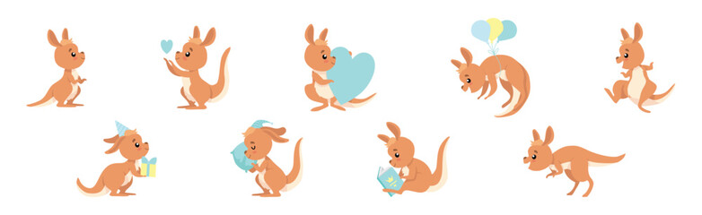 Funny Brown Kangaroo Cub Australian Animal Character in Different Pose Vector Set