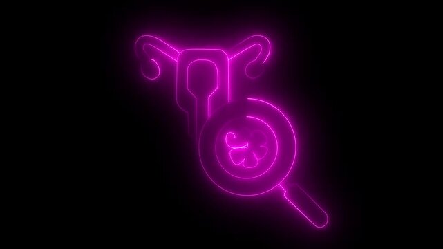 A neon pink T-shaped symbol with a smiling face inside a magnifying glass, glowing against a dark background