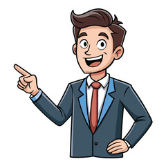 Business man pointing finger at something. Happy face. Hand drawn style vector design illustrations. 