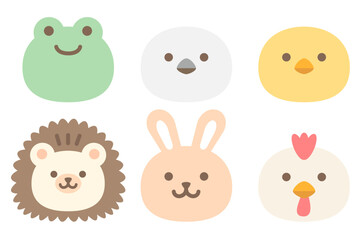 Minimalist Cartoon Animal Faces: Frog, Bird, Rabbit, Hedgehog, Chicken in Pastel Tones for Nursery Decor & Kids' Activities