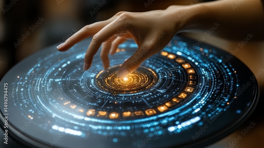 Poster tech's touch: a hand delicately interacts with a futuristic technological interface, a circular desi