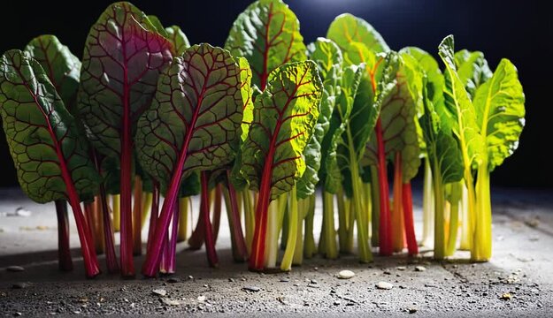 Freshly harvested Swiss chard arranged neatly on a rustic surface with dramatic lighting