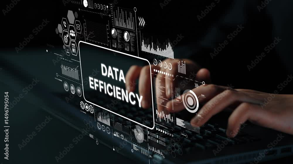 Poster hands typing on a laptop with data efficiency graphic overlays representing digital technology and b