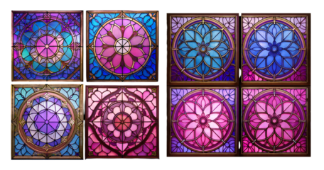 Colorful Stained Glass Designs with Floral Motifs and Patterns, PNG bundle collection, Isolated on Transparent Background