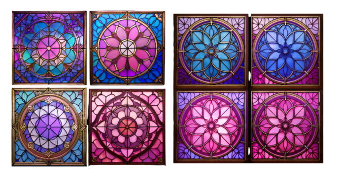 Colorful Stained Glass Designs with Floral Motifs and Patterns, PNG bundle collection, Isolated on Transparent Background