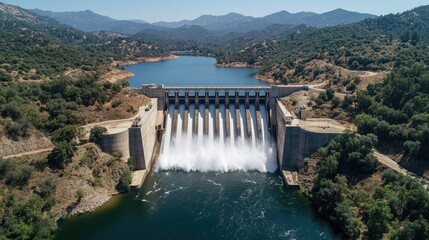 Back view of dam showing wide spillways releasing synchronized columns of water