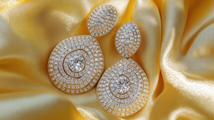 Chic diamond earrings laid carefully on golden yellow silk, glowing fabric enhances brilliance