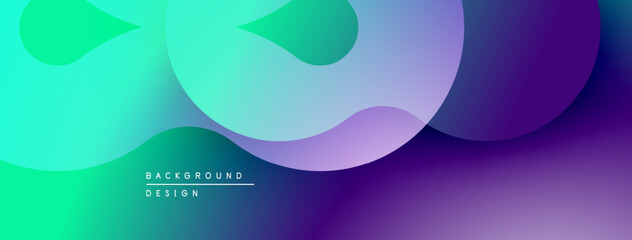 Abstract fluid shapes blend vibrant turquoise, purple hues. Modern design evokes movement, energy, smooth transitions. Background features gradient color scheme.