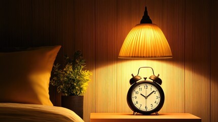 Compact digital alarm clock on a nightstand next to a minimal table lamp