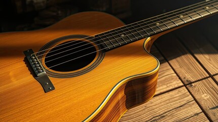 Acoustic guitar close up on wooden floor bathed in warm sunlight indoors