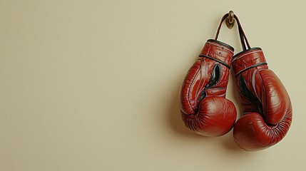 Red Leather Boxing Gloves Hanging on Hook, Sports Equipment, Fitness, Competition, Victory, Defeat, Challenge, Motivation, Strength, Perseverance, Determination, Martial Arts, Boxing Training, Gym,