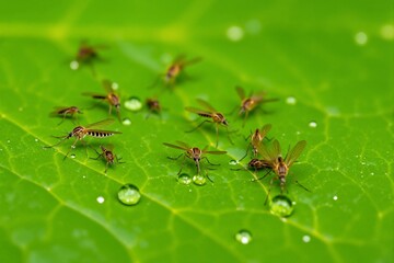 Group of small insects resting on a wet green leaf in nature  