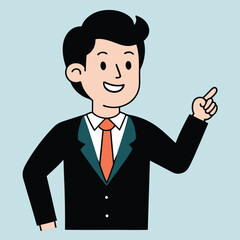 Business man pointing finger at something. Happy face. Hand drawn style vector design illustrations. 