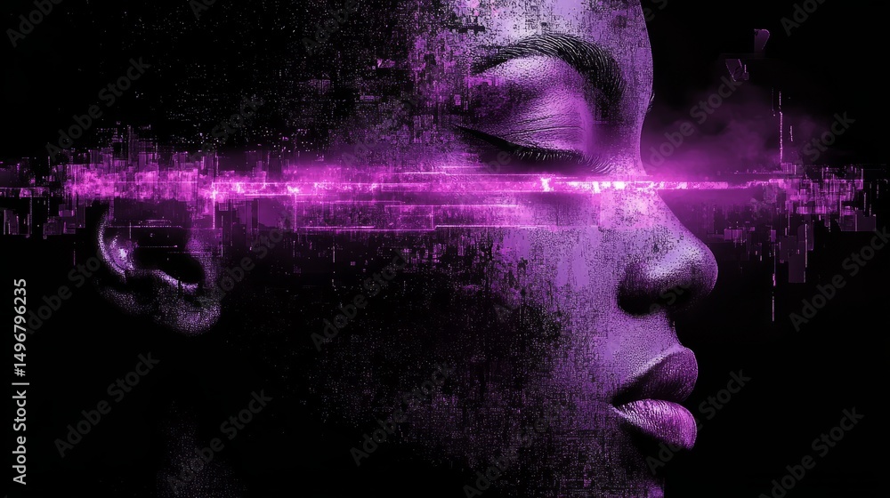 Poster digital soul: an artistic portrait of a person merges with digital data streams, symbolizing the int