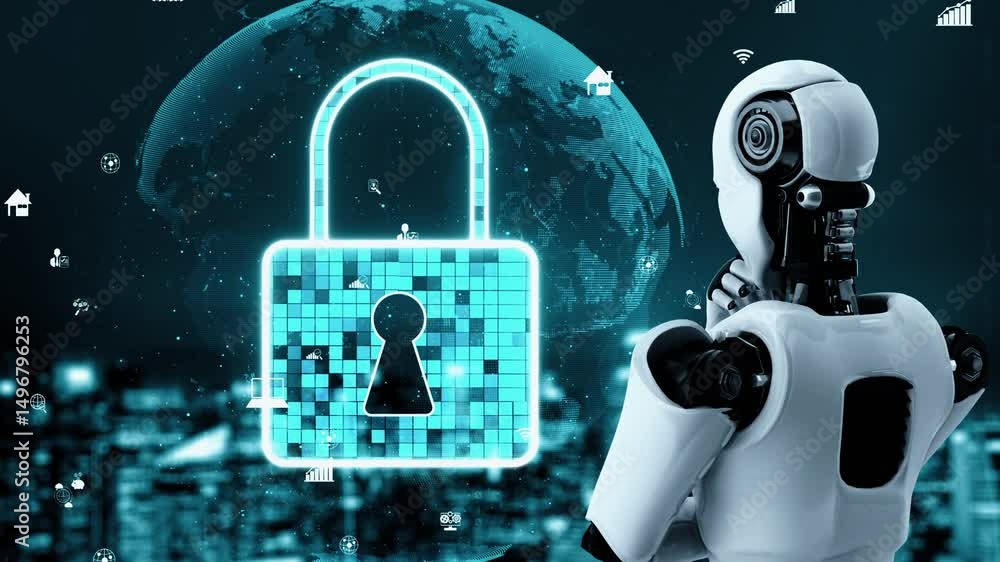 Poster ai robot huminoid uses cloud computing technology to store data on online server . futuristic concep