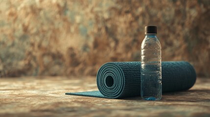 Rolled Yoga Mat and Water Bottle on Rustic Wooden Floor - Fitness, Health, Wellness, Hydration, Exercise, Sport, Gym, Studio, Workout, Active Lifestyle Stock Photo.
