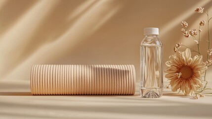 Elegant Beige Minimalist Product Mockup Water Bottle, Dried Flowers, Textured Cylinder, Soft Light, Neutral Tones, Beauty Branding, Skincare, Wellness, Spa, Hydration, Clean Design, Natural Cosmetics,