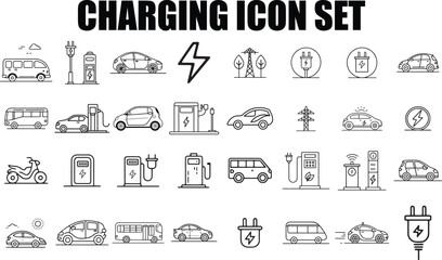 Electric Vehicle Line Icons Set – EV Charging, E-Car, Scooter, Editable Outline Symbols