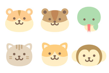 Minimalist Cartoon Animal Faces: Hamster, Bear, Snake, Cat, Fox, Monkey in Pastel Grid for Kids' Decor & Learning