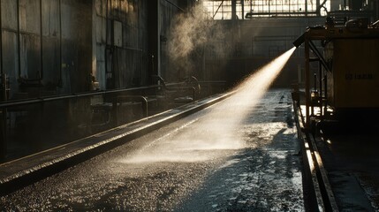 Obraz premium High-tech industrial sprayers releasing a fine mist of paint over metallic surfaces in an assembly line