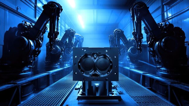 High-tech factory painting area with robotic arms spraying engine components precisely - Powered by Adobe