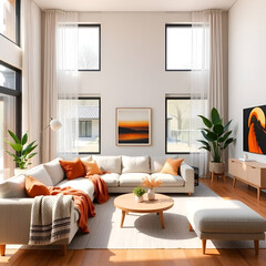 Warm reds oranges yellows graceful elegant refined features bright airy modern living room Scandinavian design neutral palette whites grays light woods minimalist sofa textured