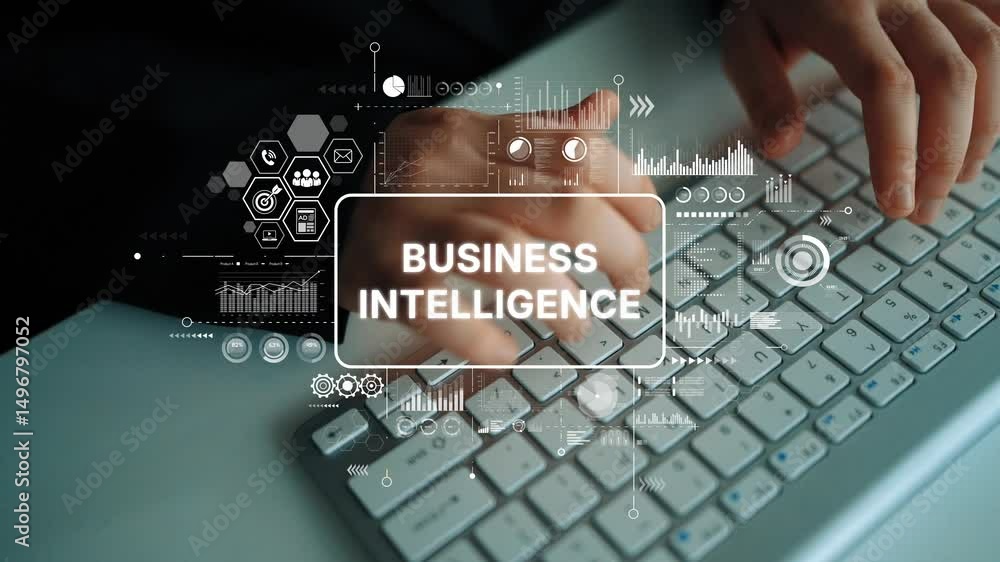 Poster Digital Business Intelligence Concept with Data Visualization and Analytics on Keyboard in Modern Office Environment. Asymptotic smart data analytic.