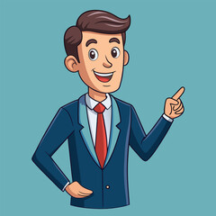 Business man pointing finger at something. Happy face. Hand drawn style vector design illustrations. 