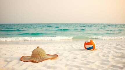 Beach Serenity: Sun-Kissed Hat and Volleyball on Sandy Shore