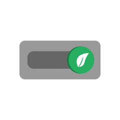 Eco-friendly on/off switch icon with green indicator and leaf, representing sustainable energy use and environmental power control.
