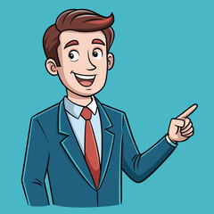 Business man pointing finger at something. Happy face. Hand drawn style vector design illustrations. 
