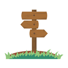 Isolated illustration cartoon a wooden pole with two direction indicators and a board at the top that is stuck into the grassy ground