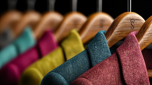 Una fila de corbatas de colores colgando de perchas de madera, con un fondo negro.