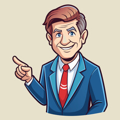 Business man pointing finger at something. Happy face. Hand drawn style vector design illustrations. 