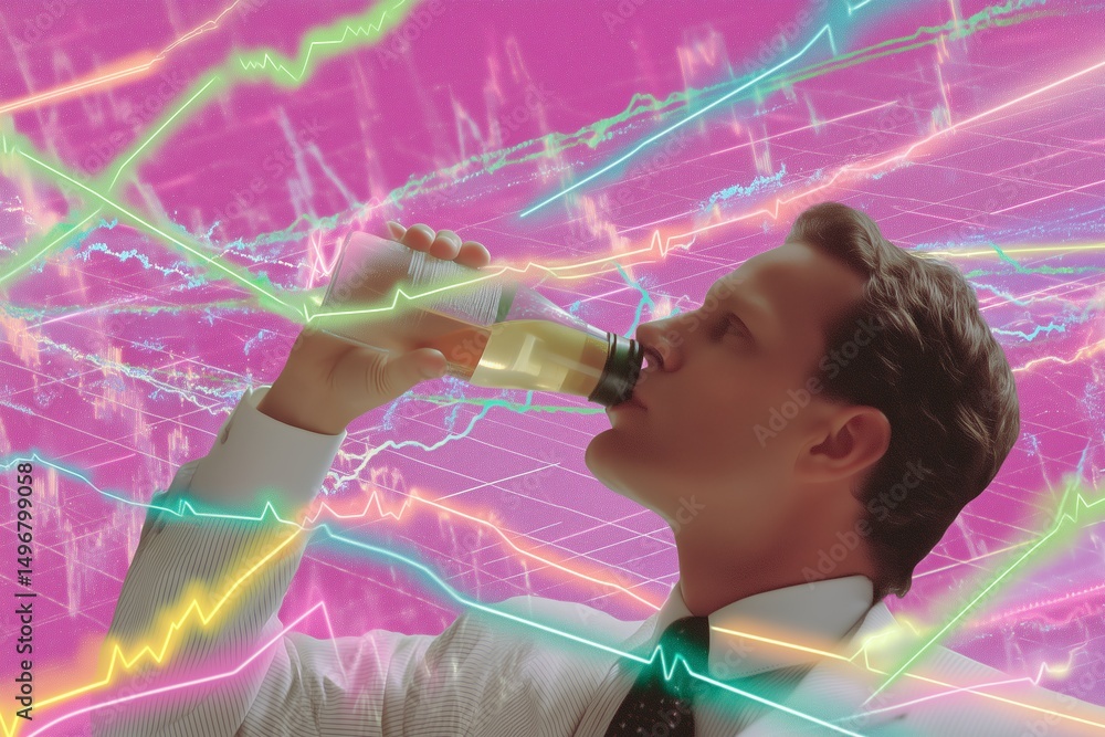 Poster business professional drinking from a bottle while surrounded by colorful financial graphs in a mode