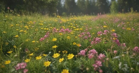 Bright yellow and pink wildflowers, lush green background , springtime, spring